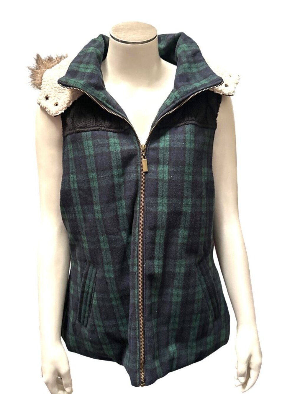 Mossimo Supply Co XXL Green Black Plaid Hooded Vest Faux Fur Trim Cozy Winter Zi